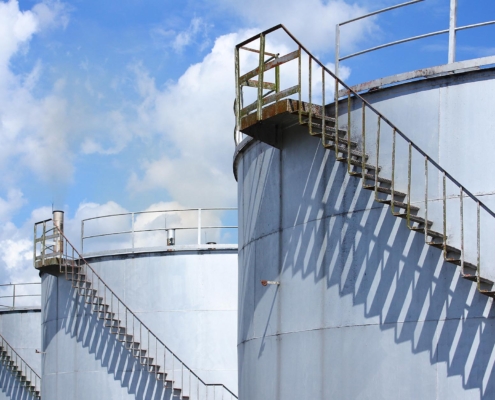 Staircase up the side of a bulk storage tank